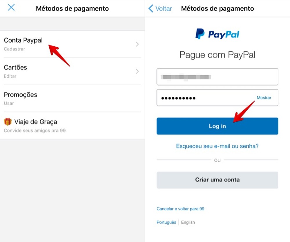 adicionar conta paypal 99pop