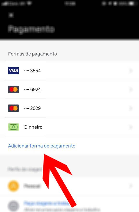 adicionar forma de pagamento uber