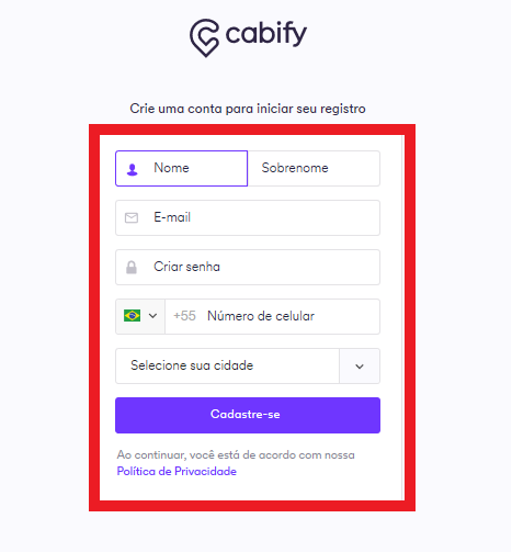 cadastro no cabify para motorista